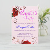 Mooie Floral Red Rose Sweet 16 Invite Kaart (Staand voorkant)