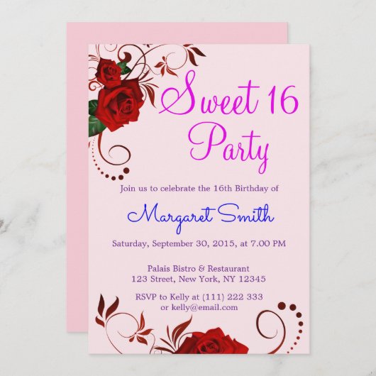 Mooie Floral Red Rose Sweet 16 Invite Kaart (Voorkant / Achterkant)