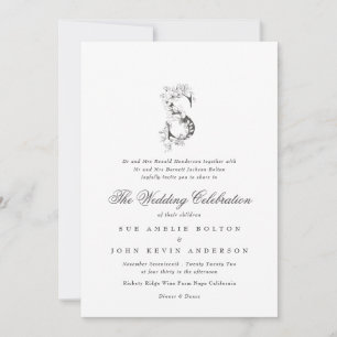 Mooie Floral 'S' Monogram Sketched Wedding Kaart