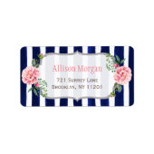 Mooie Floral Silver Glitter Navy Blue Stripes Etiket (Voorkant)