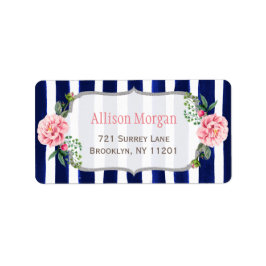 Mooie Floral Silver Glitter Navy Blue Stripes Etiket