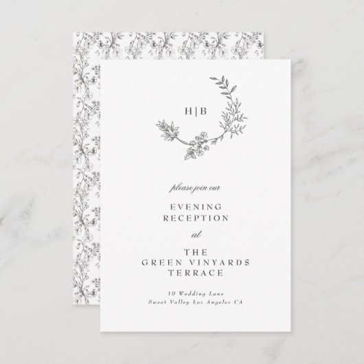 Mooie Floral Sketched Wreath Wedding Reception Informatiekaartje (Voorkant / Achterkant)