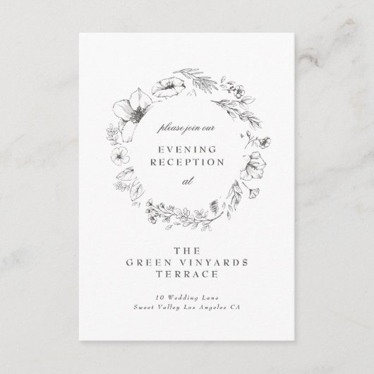 Mooie Floral Sketched Wreath Wedding Reception Informatiekaartje (Voorkant)