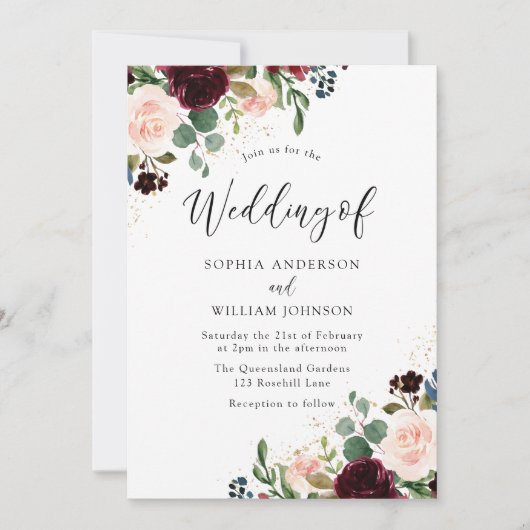 Mooie Floral Waterverf Burgundy Wedding Kaart (Voorkant)