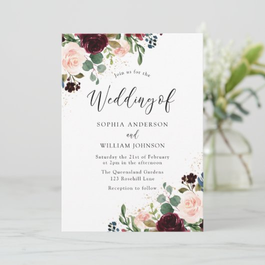 Mooie Floral Waterverf Burgundy Wedding Kaart (Staand voorkant)