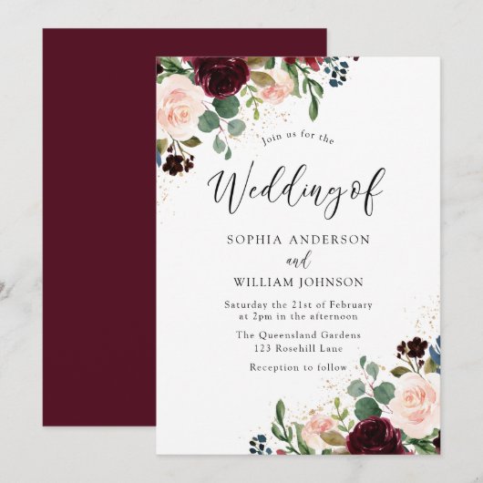 Mooie Floral Waterverf Burgundy Wedding Kaart (Voorkant / Achterkant)