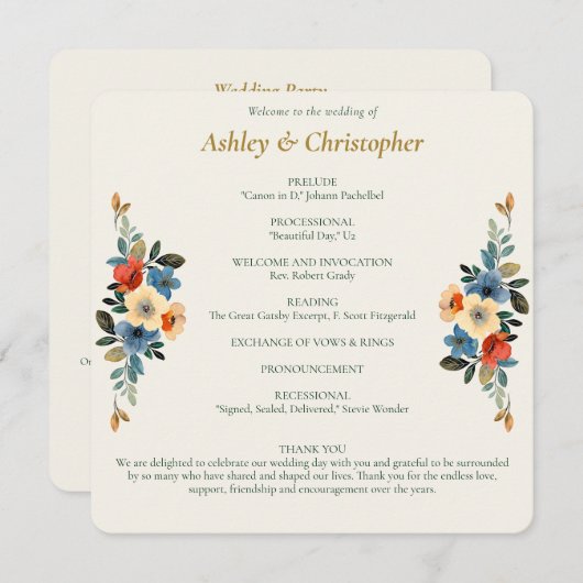 Mooie Floral Waterverf Ivoor Bruiloft Programmakaart (Voorkant / Achterkant)