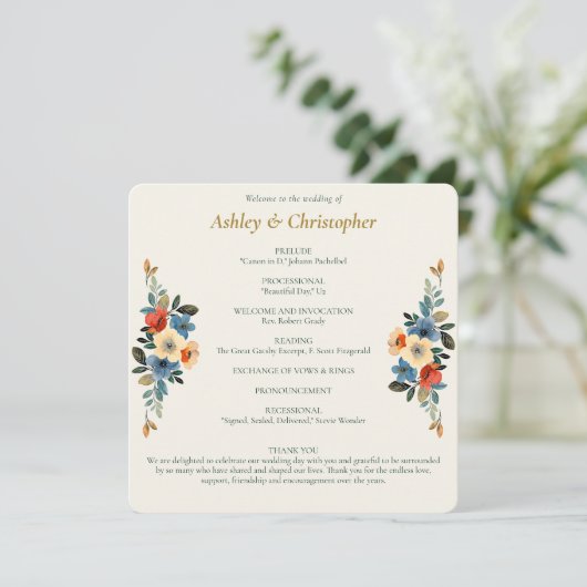 Mooie Floral Waterverf Ivoor Bruiloft Programmakaart (Staand voorkant)