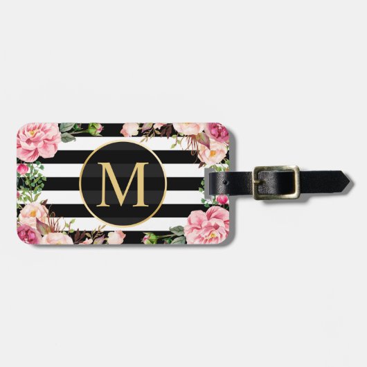 Mooie Floral Wrap Zwart Wit Strepen Monogram Bagagelabel (Voorkant horizontaal)