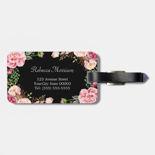 Mooie Floral Wrap Zwart Wit Strepen Monogram Bagagelabel (Achterkant horizontaal)