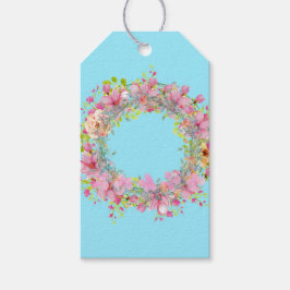 Mooie Floral Wreath Pink Flowers op Aqua Gift Cadeaulabel