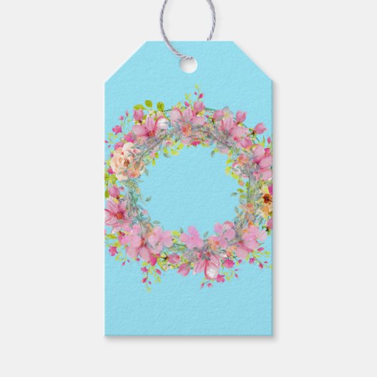 Mooie Floral Wreath Pink Flowers op Aqua Gift Cadeaulabel (Voorkant)