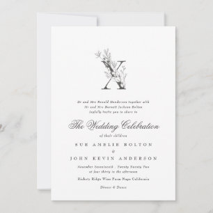 Mooie Floral 'X' Monogram Sketched Wedding Kaart