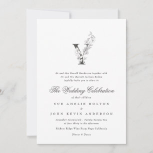 Mooie Floral 'Y' Monogram Sketched Wedding Kaart
