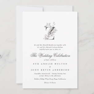 Mooie Floral 'Z' Monogram Sketched Wedding Kaart