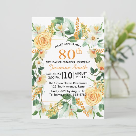 Mooie Florale Oranje 80ste verjaardag Kaart (Staand voorkant)