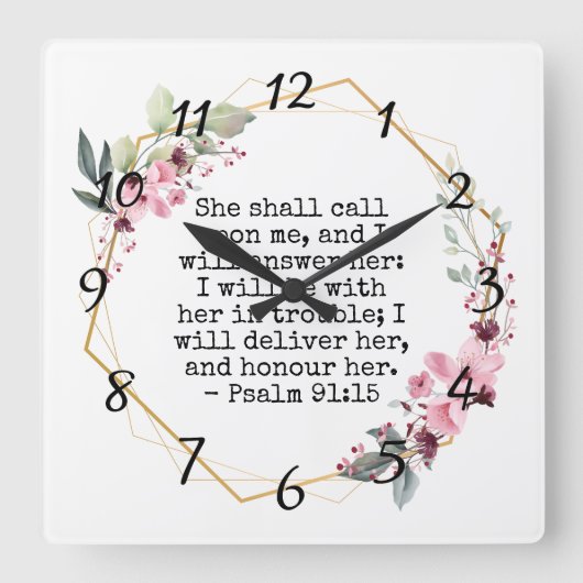 Mooie Flowers Psalm 91 Square Wall Clock Vierkante Klok (Voorkant)