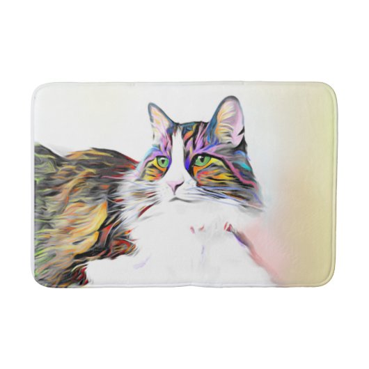Mooie, fluffige kat met regenboogbont badmat (Voorkant)