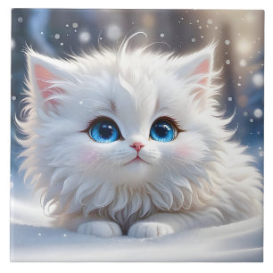 Mooie Fluffy White Cat met Blauwe Ogen Tegeltje