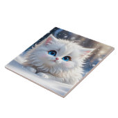 Mooie Fluffy White Cat met Blauwe Ogen Tegeltje (Zijkant)