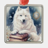 MOOIE FLUFFY WHITE SAMOYED HOND METALEN ORNAMENT (Voorkant)