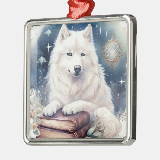 MOOIE FLUFFY WHITE SAMOYED HOND METALEN ORNAMENT (Links)