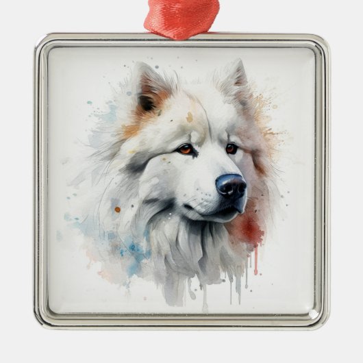 MOOIE FLUFFY WHITE SAMOYED HOND METALEN ORNAMENT (Voorkant)