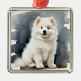 MOOIE FLUFFY WHITE SAMOYED HOND METALEN ORNAMENT