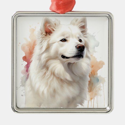 MOOIE FLUFFY WHITE SAMOYED HOND METALEN ORNAMENT (Voorkant)