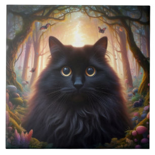 Mooie Fluffy Zwarte Kat met Gouden Ogen Tegeltje