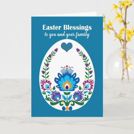 Mooie folklore Blue Pysanka Easter Egg, Custom Kaart (Gele Bloem)