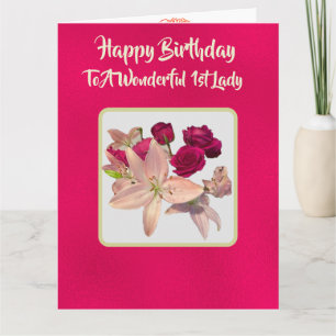 Mooie Fonkelende Roze Roos 1e Dame Verjaardag Kaart