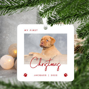 Mooie foto Puppy 1e Kerstmis Pootafdrukken Rood Metalen Ornament
