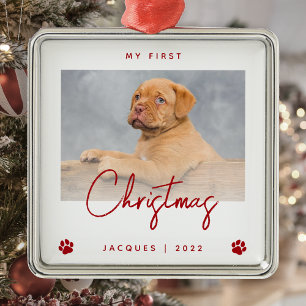 Mooie foto Puppy 1e Kerstmis Pootafdrukken Rood Metalen Ornament