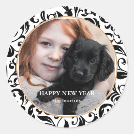 Mooie foto van Black en White Happy Nieuwjaar Ronde Sticker