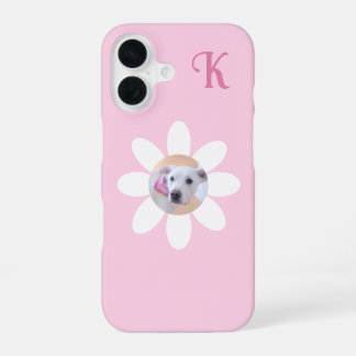 Mooie foto van puppy hond roze bloem meisjes initi iPhone 16 hoesje