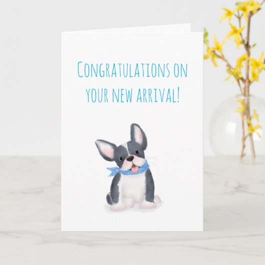 Mooie Franse buldog nieuwe huisdier kaart voor een (Gele Bloem)