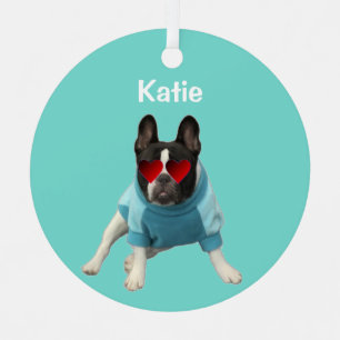 Mooie Franse Bulldog Hartjes Turquoise 4Kate Ornam Metalen Ornament