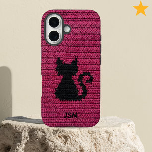 Mooie Fuchsia Haakkat Katten Custom Initiaal Monog iPhone 16 Hoesje