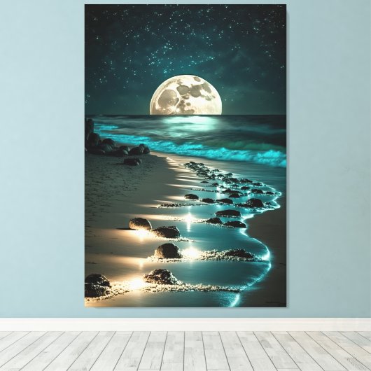 Mooie Full Moon Beach Ocean Sterrennacht Canvas Afdruk (Insitu (Houten vloer))