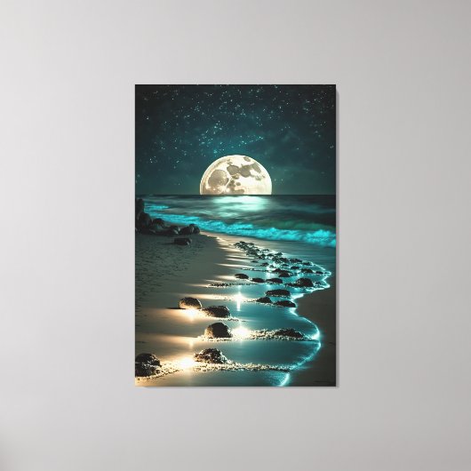 Mooie Full Moon Beach Ocean Sterrennacht Canvas Afdruk (Voorkant)