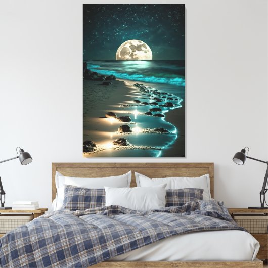 Mooie Full Moon Beach Ocean Sterrennacht Canvas Afdruk (Insitu (Slaapkamer))