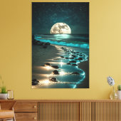 Mooie Full Moon Beach Ocean Sterrennacht Canvas Afdruk (Insitu (Woonkamer))