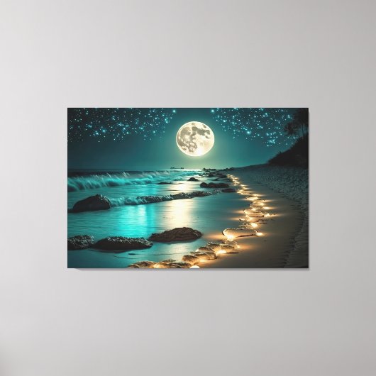 Mooie Full Moon Beach Ocean Sterrennacht Canvas Afdruk (Voorkant)