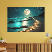 Mooie Full Moon Beach Ocean Sterrennacht Canvas Afdruk (Insitu (Woonkamer))