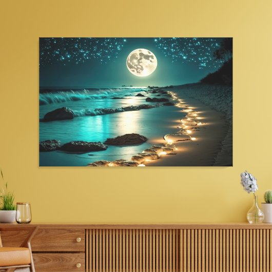 Mooie Full Moon Beach Ocean Sterrennacht Canvas Afdruk (Insitu (Woonkamer))