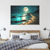 Mooie Full Moon Beach Ocean Sterrennacht Canvas Afdruk (Insitu (Slaapkamer))
