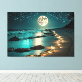 Mooie Full Moon Beach Ocean Sterrennacht Canvas Afdruk (Insitu (Houten vloer))