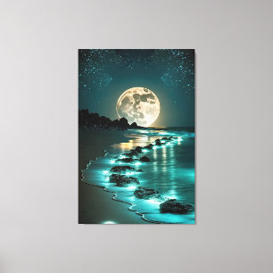 Mooie Full Moon Beach Ocean Sterrennacht Canvas Afdruk