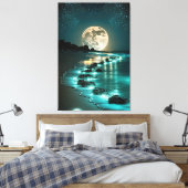 Mooie Full Moon Beach Ocean Sterrennacht Canvas Afdruk (Insitu (Slaapkamer))